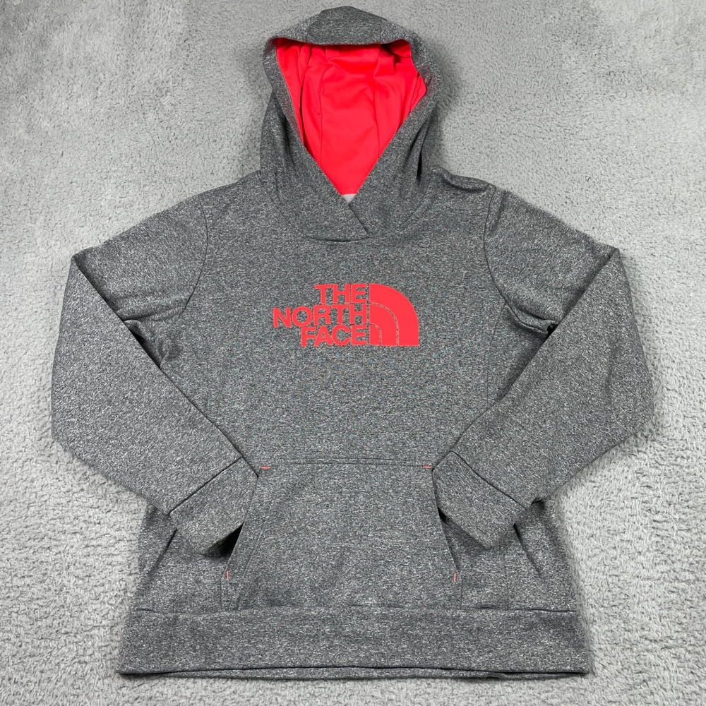 The North Face Pullover Hoodie Womens Large Gray Pink Logo Fleece Sweatshirt